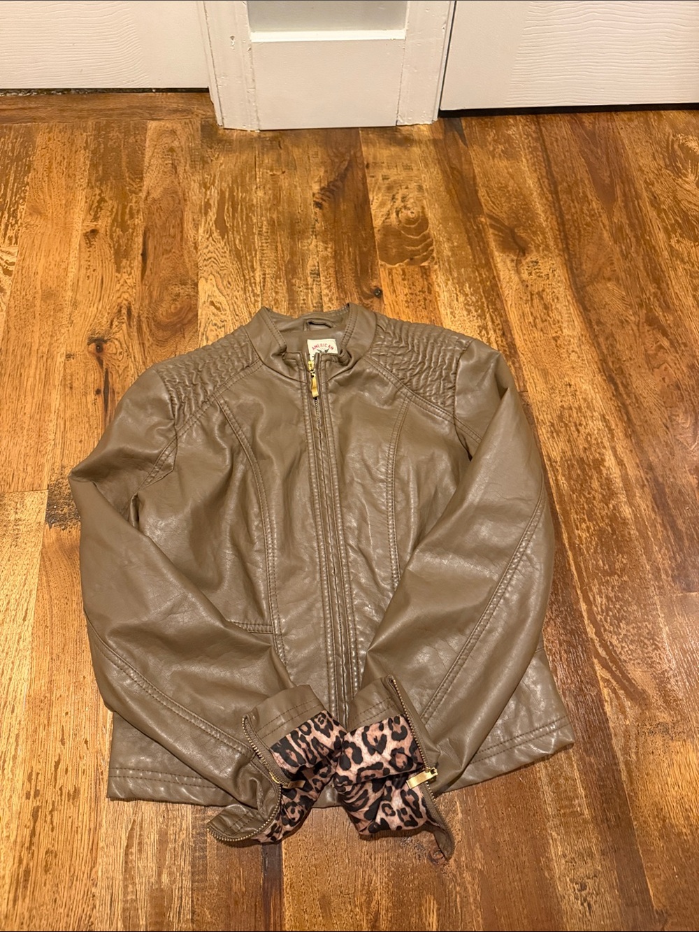 Women's Faux Leather Jacket in Taupe with Leopard Trim